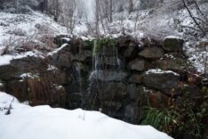 Snowy nature with flowing waterfall amidst winter landscape.