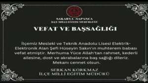 Sapanca İlçe Milli Eğitim Müdürlüğü'nden Vefat ve Başsağlığı Duyurusu