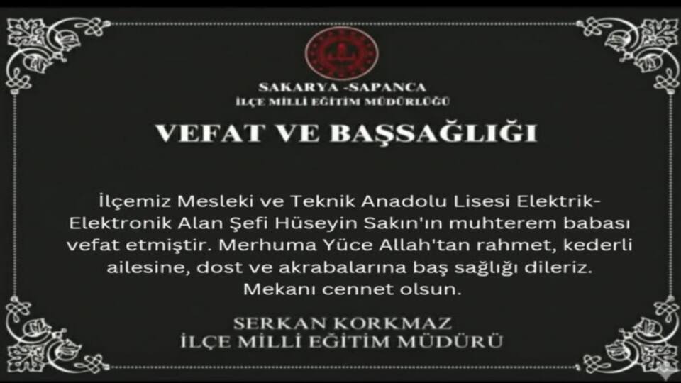 Sapanca İlçe Milli Eğitim Müdürlüğü'nden Vefat ve Başsağlığı Duyurusu