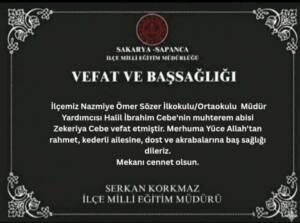 Sapanca İlçe Millî Eğitim Müdürlüğü'nden Vefat ve Başsağlığı Mesajı