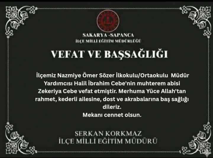 Sapanca İlçe Millî Eğitim Müdürlüğü'nden Vefat ve Başsağlığı Mesajı